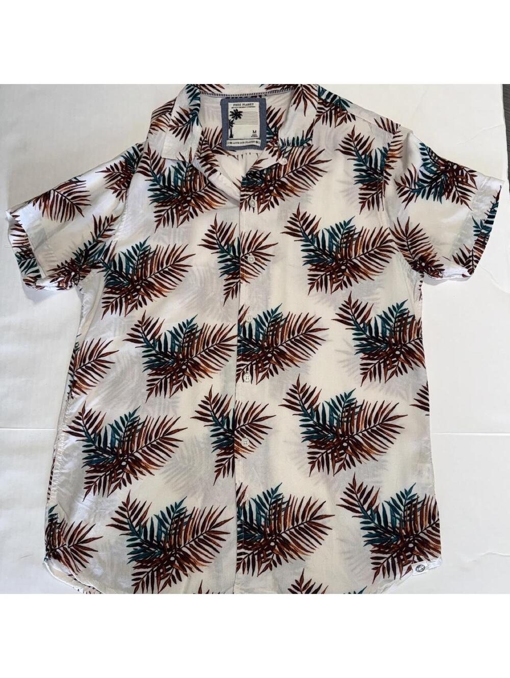 Free Planet Tropical Palm Shirt Mens M 100% Rayon Cream Brown Teal